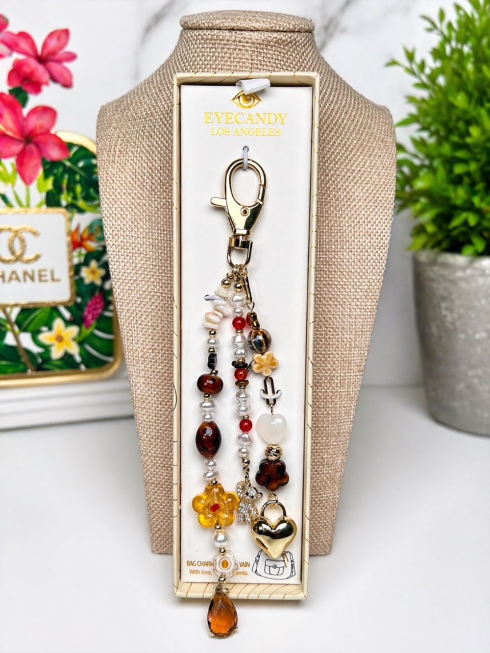Eye candy Gold and Amber Beaded Bag Charm Gold Heart Rhinestone Bear